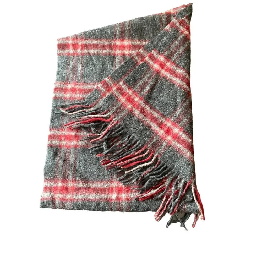 Nordstrom Black Gray Burgundy Plaid Lambswool Scarf Muffler Fringe Trim‎